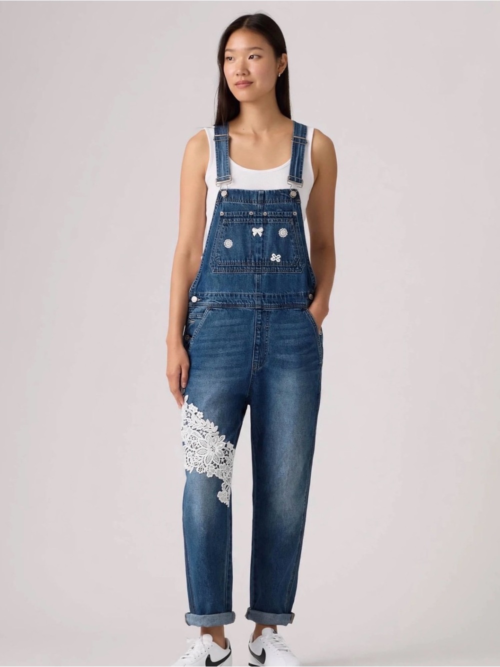 GAP Blue Denim Overalls with White Lace Applique